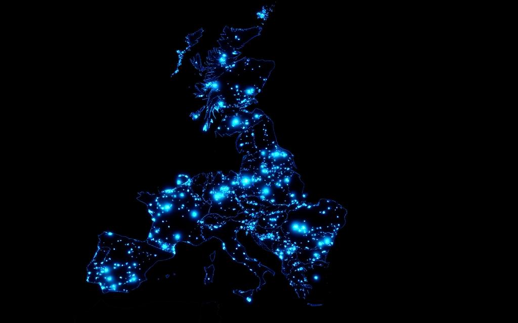 Maps of UK, Germany and France with glowing data points across each country